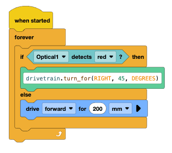 A VEXcode V5 project that reads when started, forever, if optical 1 detects red then, followed by a switch block that contains python text reading drivetrain.turn_for(right, 45, degrees, else drive forward for 200mm.