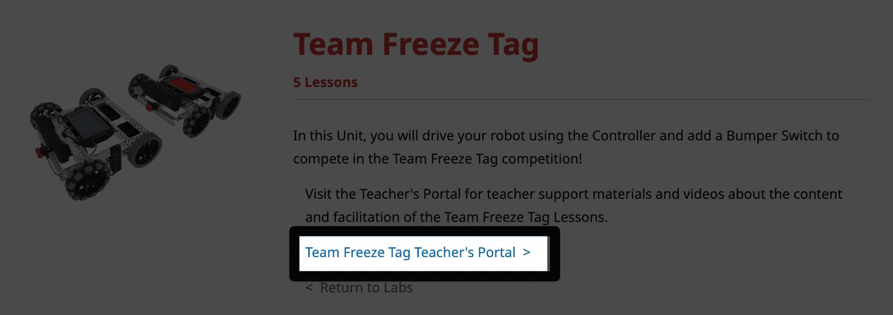 he top of the Team Freeze Tag STEM Lab Unit with the link for the Teacher's Portal called out. The link is under the descriptive paragraph.