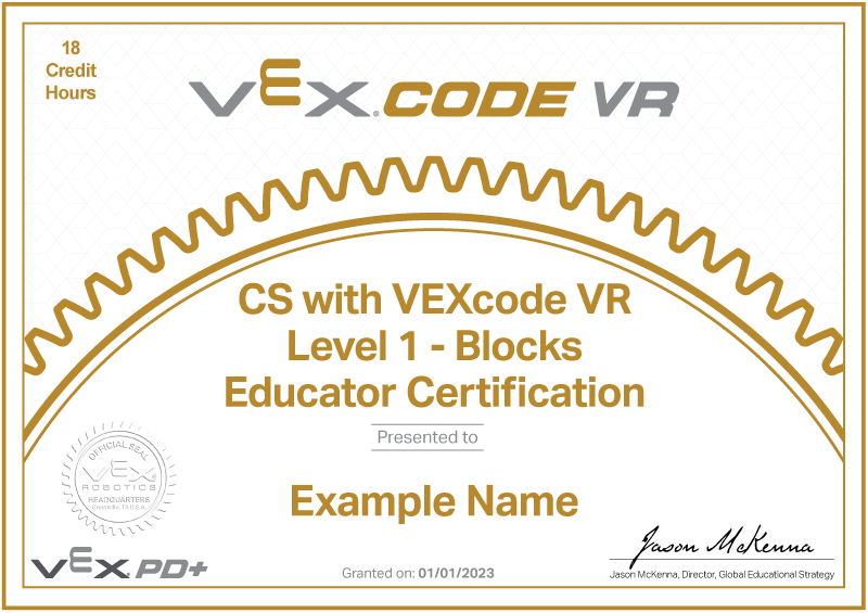 Screenshot of the VEXcode VR interface featuring a block-based coding environment, designed to help users learn coding concepts through virtual robotics, highlighting the 'Start Here' section for beginners in STEM education.
