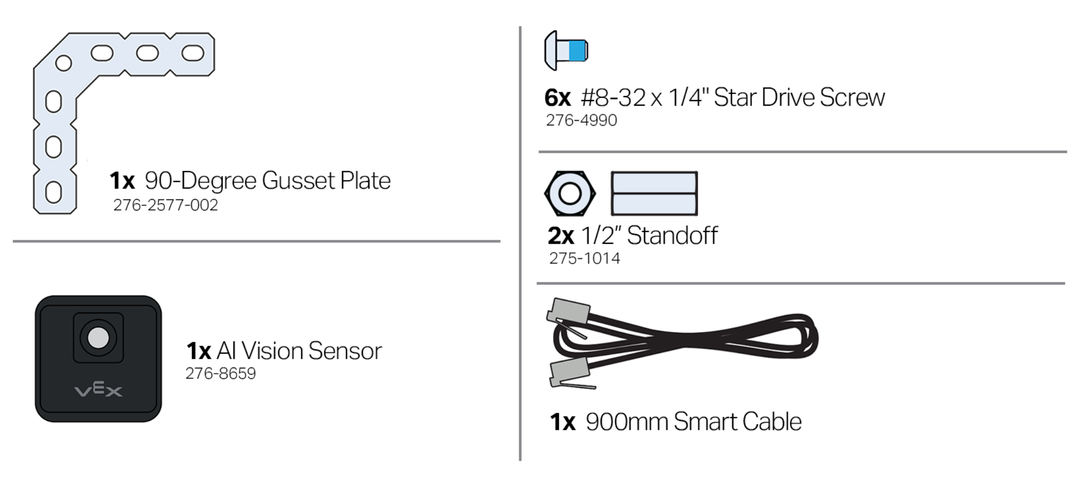 Visual list of parts that are needed to mount and wire the AI Vision Sensor to the V5 Advanced Trainingbot. An image of each part is shown along with its name and quantity.