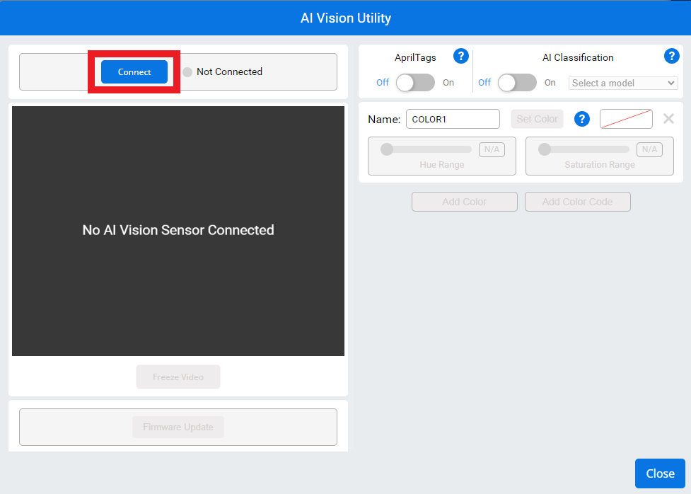 AI Vision Utility with no sensor connected. The live feed is blank and reads No AI Vision Sensor Detected. Above, there is a highlighted button that reads Connect.
