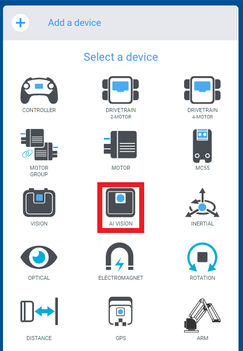 VEXcode V5 Devices menu after the Add a device button has been selected. A list of devices is shown, and the AI Vision option is highlighted.