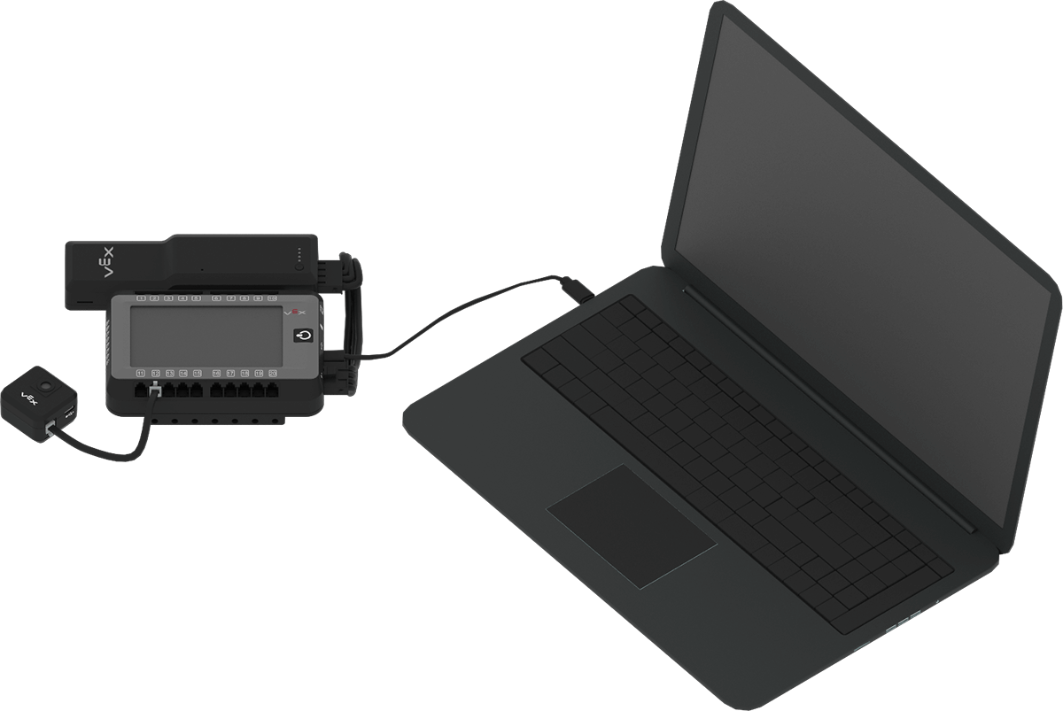 AI Vision Sensor connected to the V5 Brain with a Smart Cable. The Brain is shown connected to a laptop computer with a USB cable.