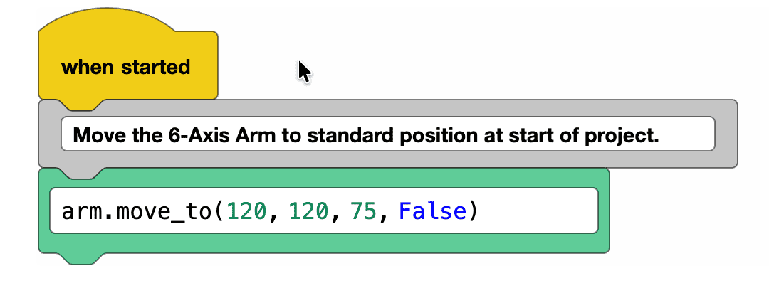 VEXcode EXP project that begins with a comment reading, Move the 6-Axis Arm to standard position at start of project, followed by a switch block in python, reading arm.move_to(120,120,75, false)