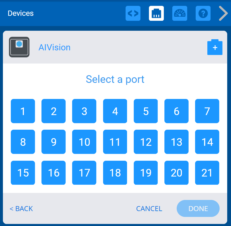 Screenshot of the Select a Port menu that shows the available Ports for the AI Vision Sensor.
