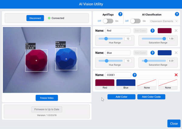 Video shows the Color Code order being changed from Red first to Blue first. Each option in the sequence can be changed with a dropdown menu.