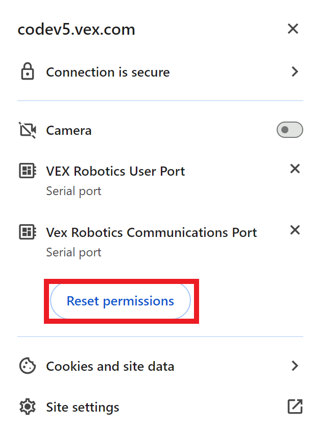 Chrome Site Information dropdown menu is open, showing settings for the codev5.vex.com website. The Reset Permissions option is highlighted in the menu.