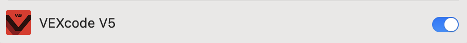 VEXcode V5 option is shown in the list of Camera settings for apps and it is now toggled on.