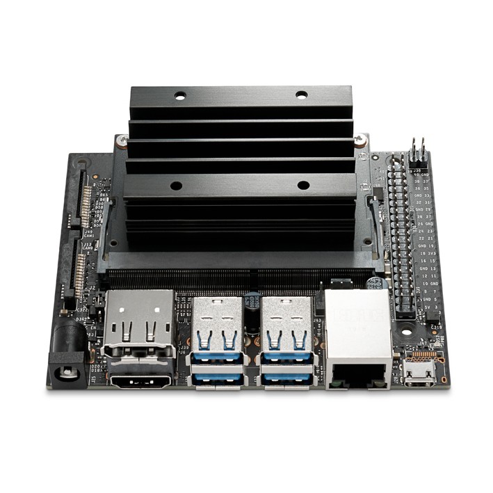 NVIDIA Jetson Nano board with heat sink and multiple USB and HDMI ports.