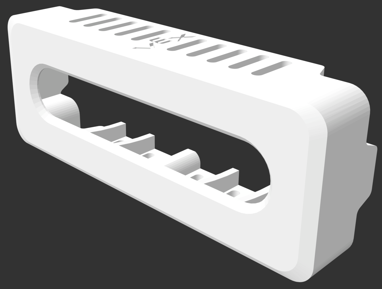 3D-printed top cover for an Intel camera case with a front opening and ventilation slots.