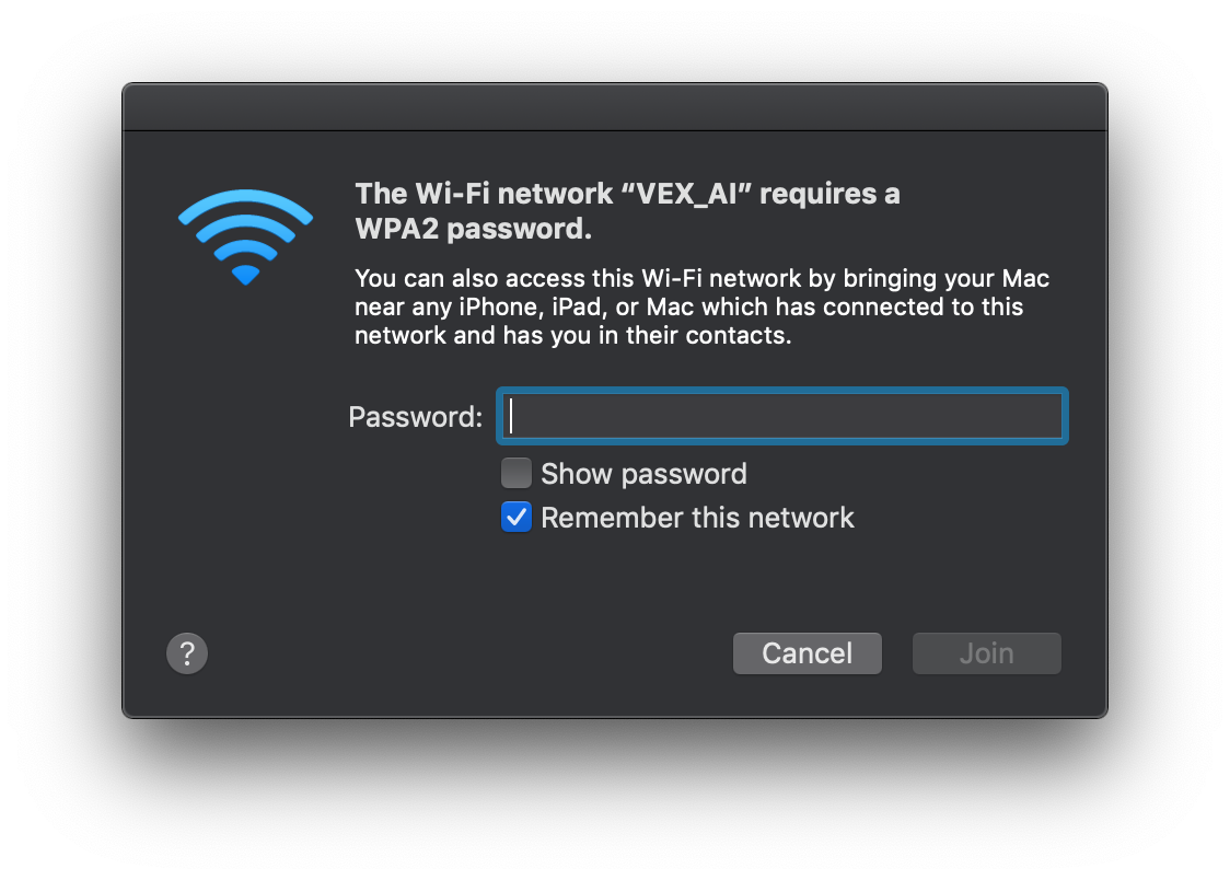 Computer prompt asking for a password to join the ‘VEX_AI’ Wi-Fi network.