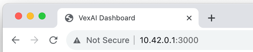 Web browser address bar showing the VEX AI dashboard URL 10.42.0.1:3000.