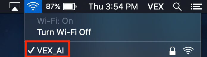 Wi-Fi settings screen with the ‘VEX_AI’ network selected.