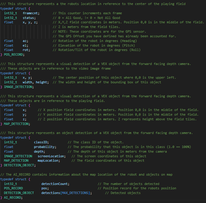 C++ code snippet defining data structures for detected objects, including classification, position, and image and map coordinates.