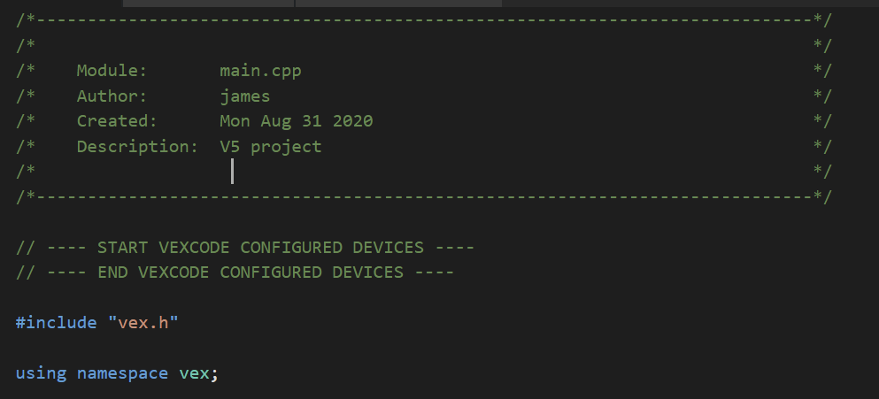 C++ code snippet showing standard VEX project includes and initialization setup.