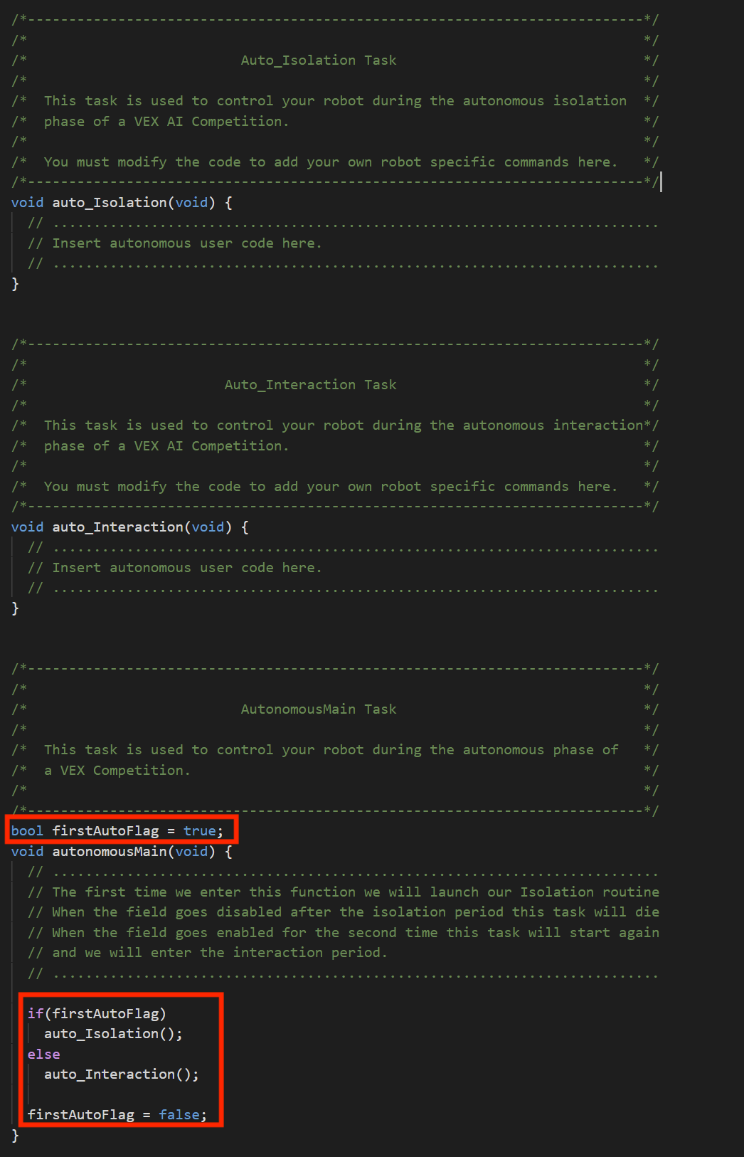 C++ code showing conditional logic that switches between isolation and interaction autonomous routines.