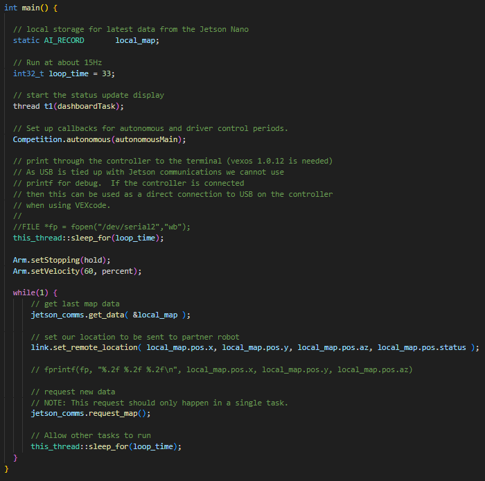 C++ code snippet of the main loop handling data retrieval from the Jetson, processing, and communication with a partner robot.