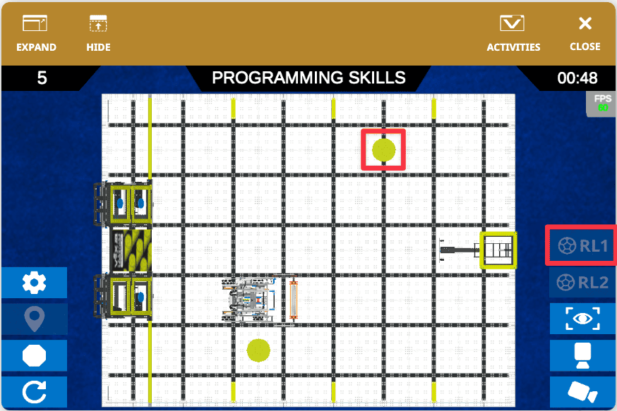 Rapid Relay Playground Window with controls and field view in VEXcode VR