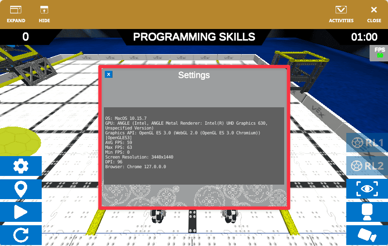Rapid Relay Playground Window with field and robot selection settings