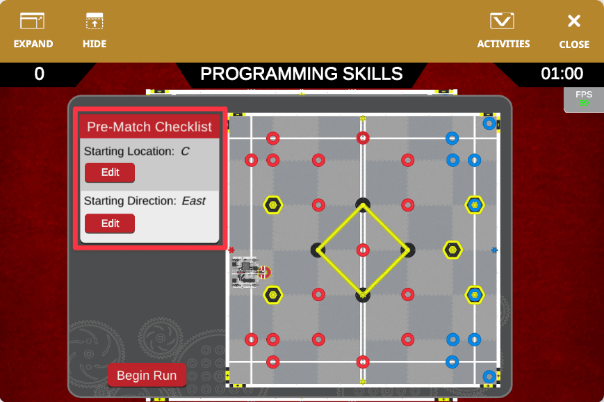 Pre-Match view showing the High Stakes field setup and match control panel