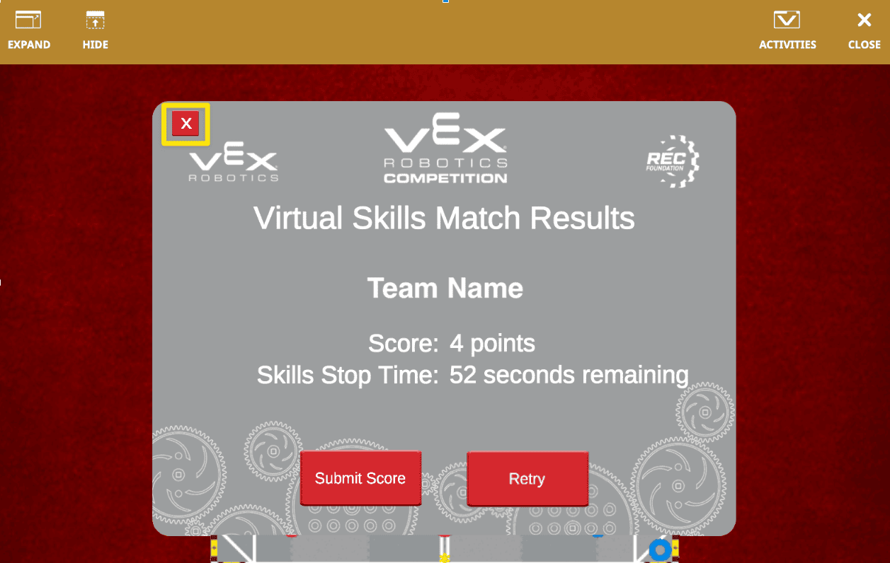Match results shown in the V5RC High Stakes Playground window
