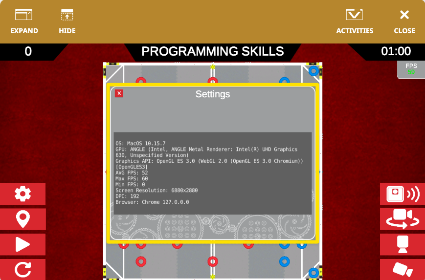 High Stakes Playground Window settings for selecting a challenge and resetting the field in VEXcode VR