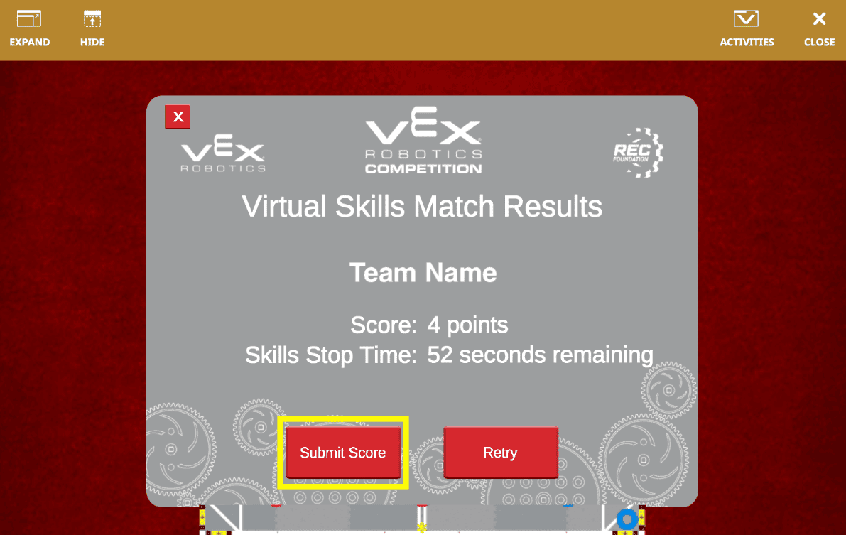 Submit score button for V5RC High Stakes Virtual Skills