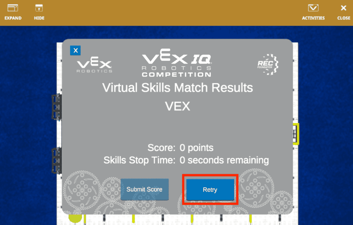 VIQRC Rapid Relay Playground window with the field view and robot control panel