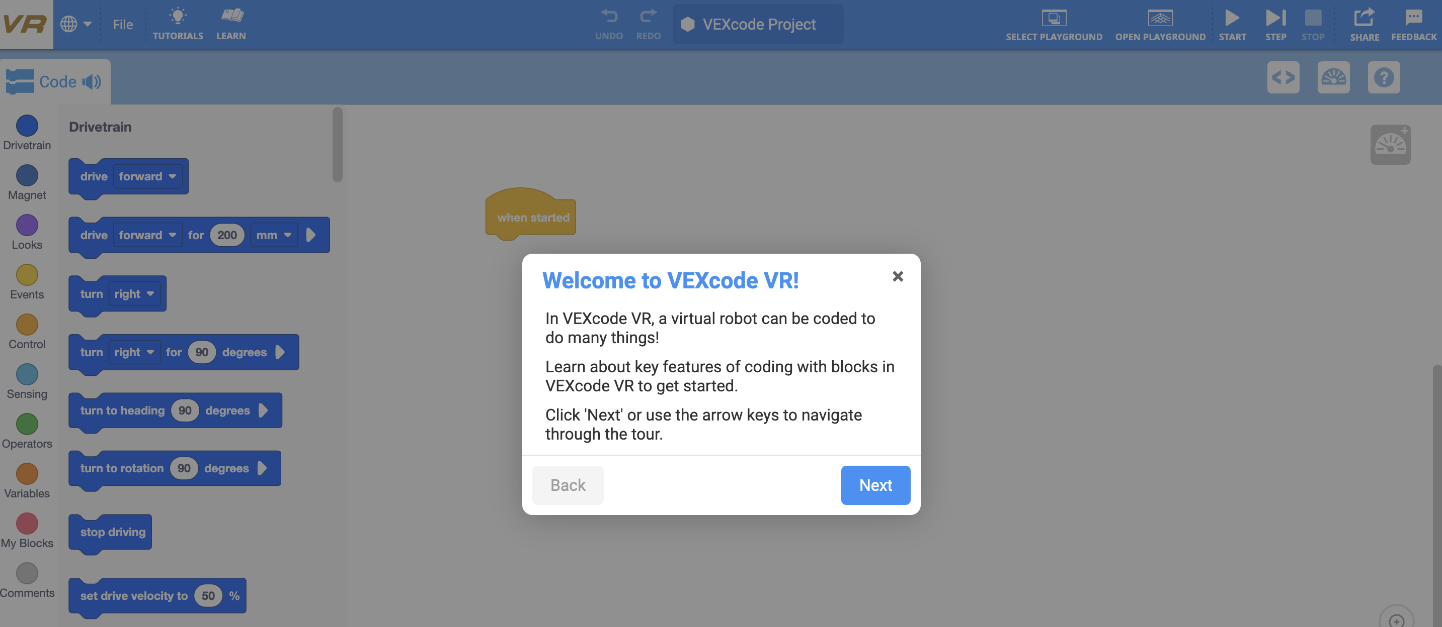 Getting Started Tour highlighted in the VEXcode VR block-based workspace