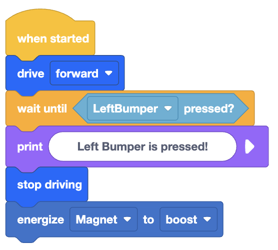 VEXcode VR project using a wait until block to pause until the Left Bumper is pressed before printing a message, stopping the drivetrain, and energizing the magnet.