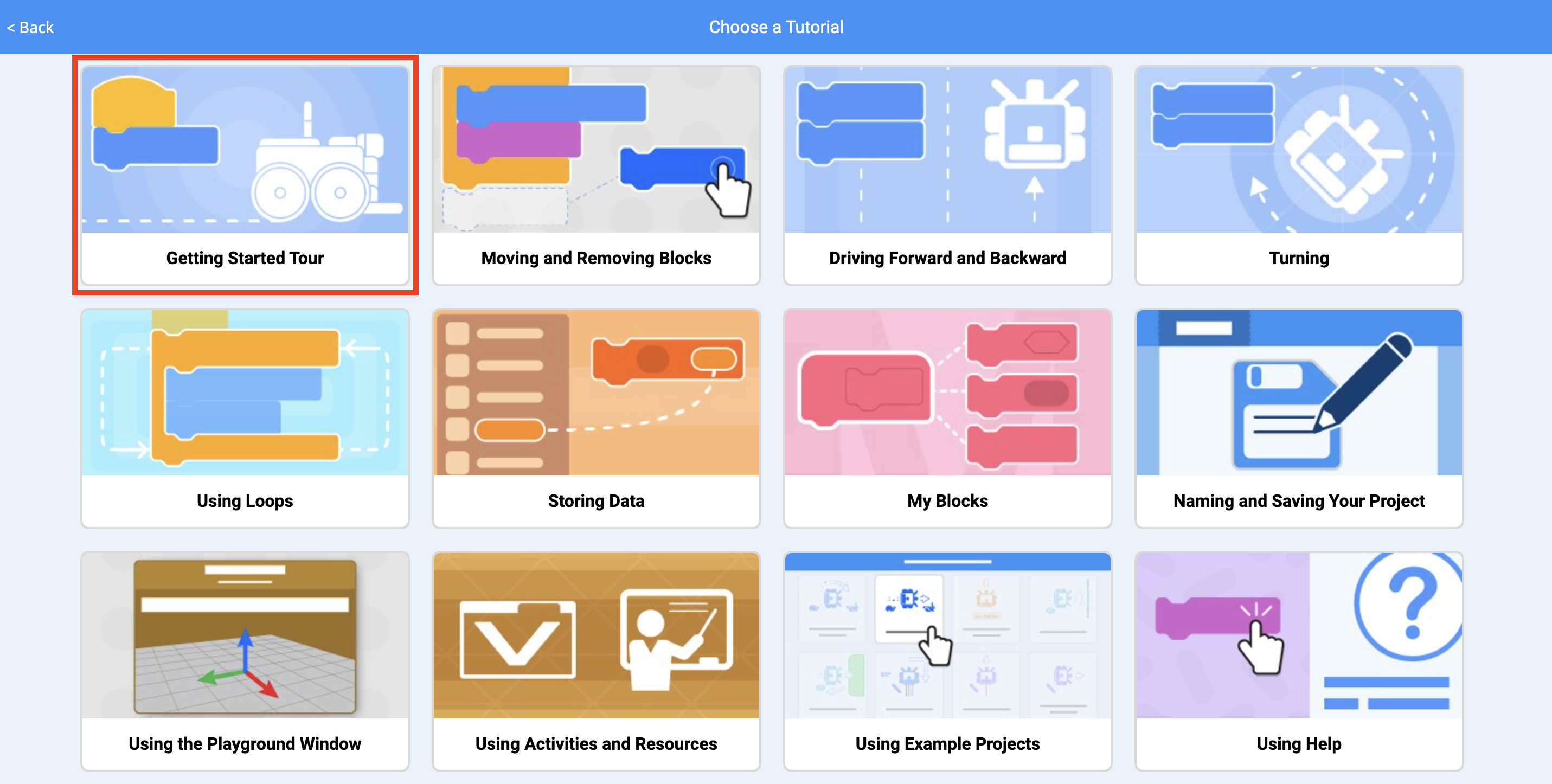 Getting Started Tour highlighted in the VEXcode VR block-based workspace