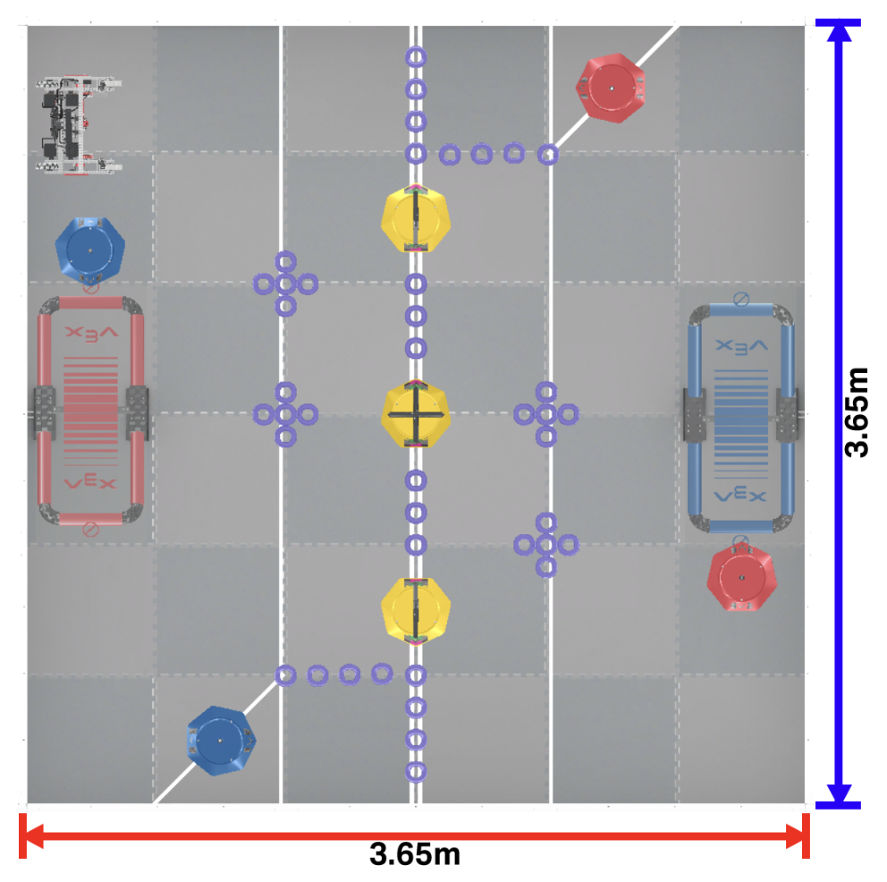 Field diagram showing starting positions, goals, platforms, and ring placement zones for the V5RC Tipping Point game