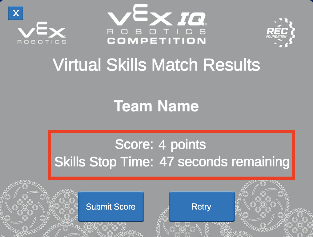 Rapid Relay Virtual Skills score screen in VEXcode VR