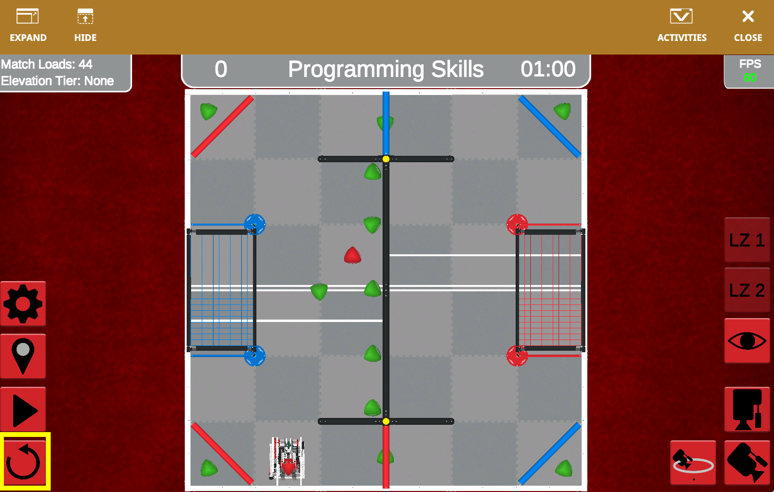 V5RC Over Under Playground Window showing the field layout, goals, and match elements used in VEXcode VR.