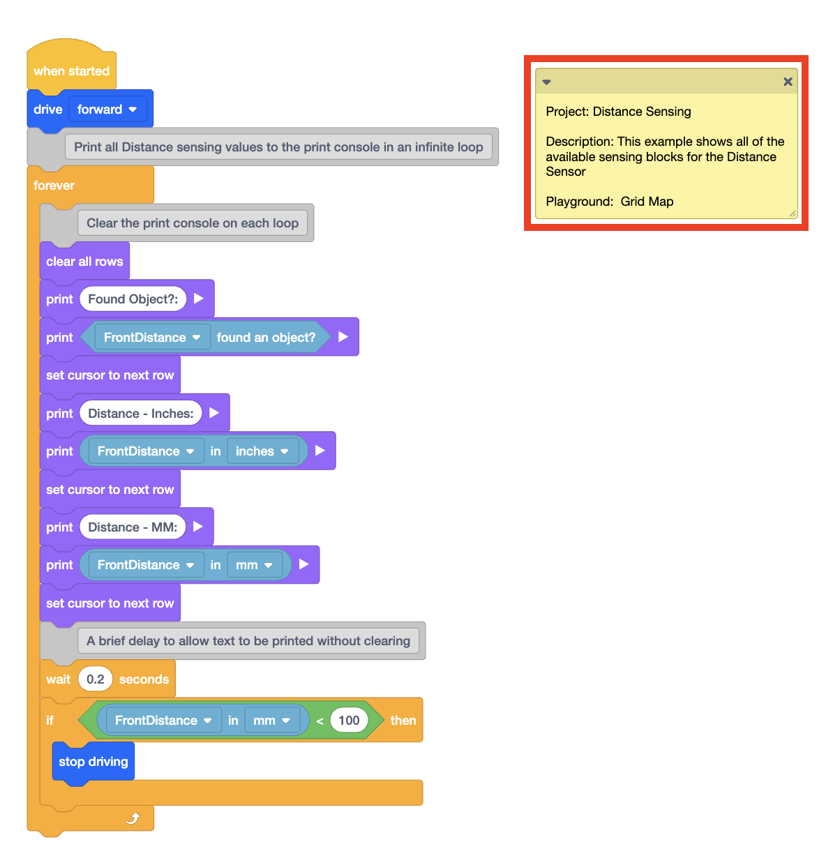 VEXcode VR troubleshooting examples showing common sensor-related coding errors and their fixes