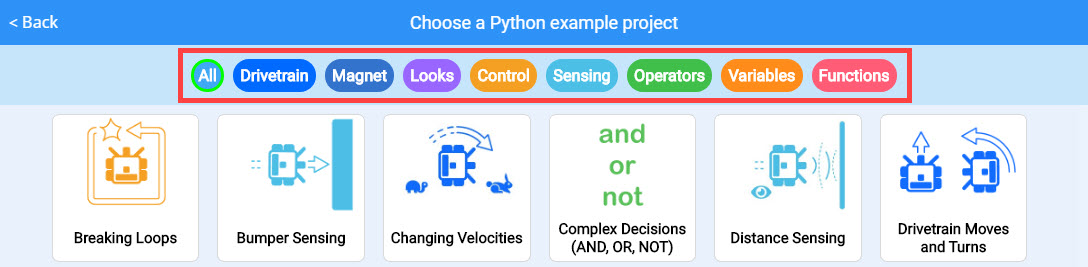 VEXcode VR with a Python example project open in the editor and Playground