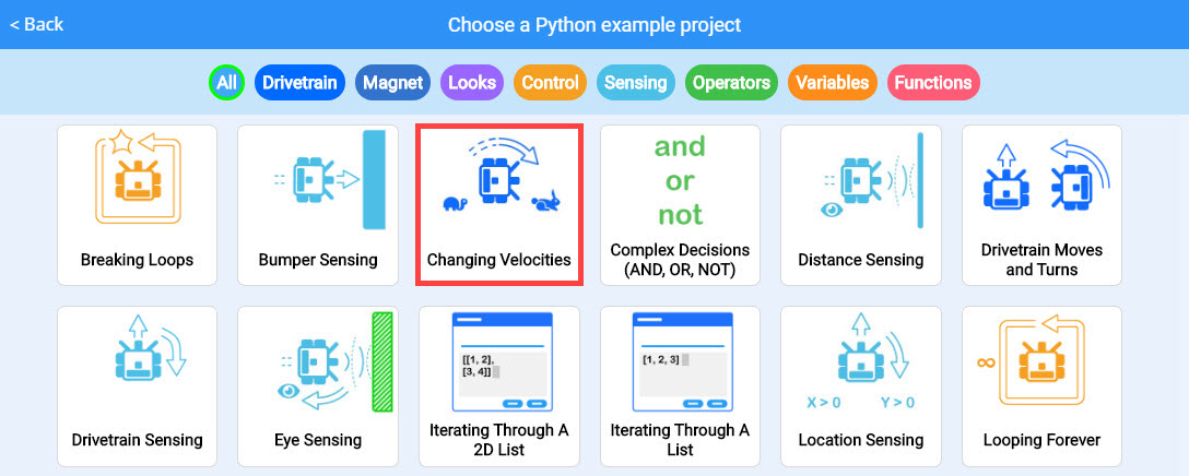 Example Python project open in the VEXcode VR workspace and Playground