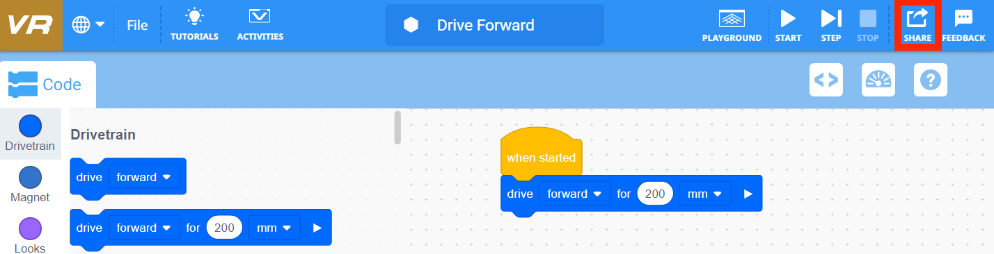 Share button in VEXcode VR for sharing the current project