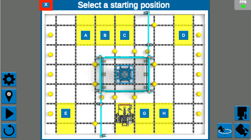 VEXcode VR Playground showing virtual robot starting configuration options for VIQRC Pitching In