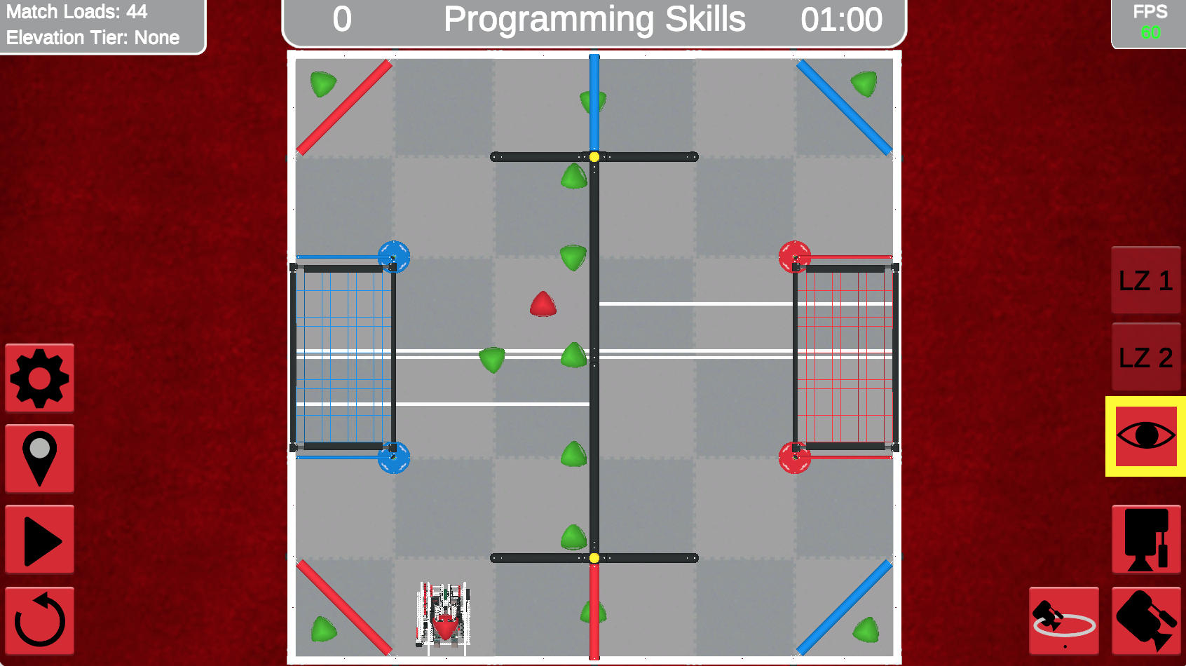 VEXcode VR Over Under playground with the block-based coding workspace for programming the virtual robot