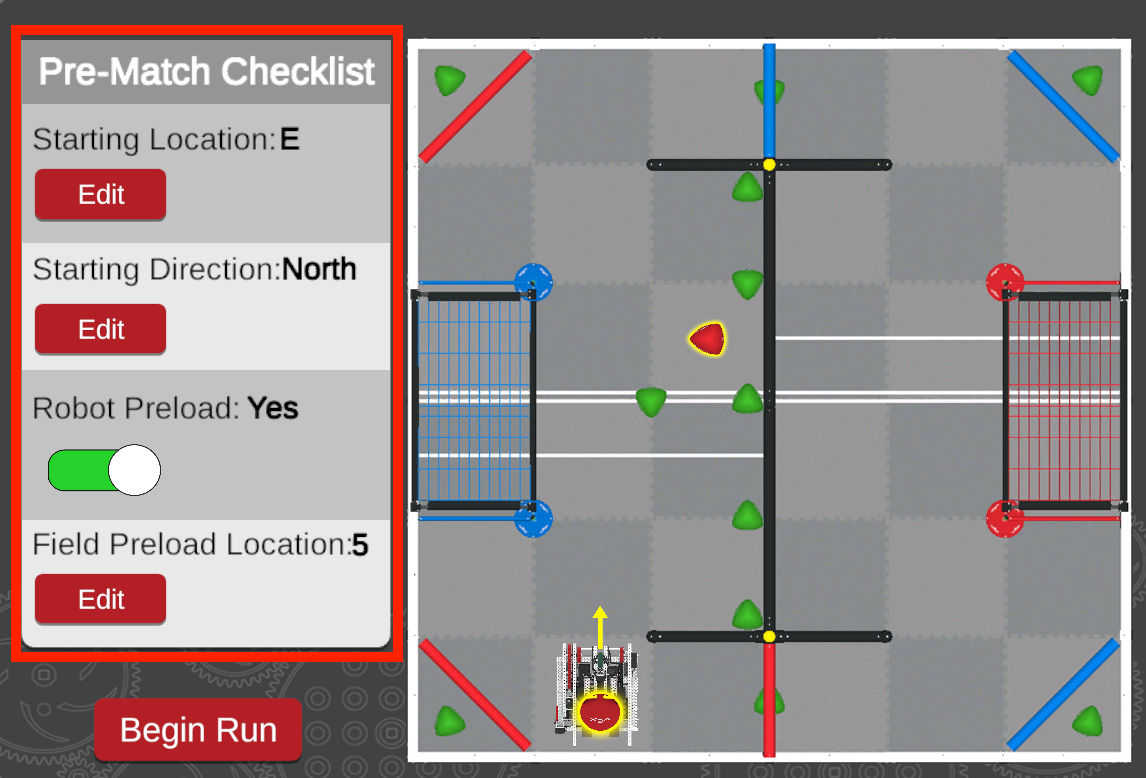 V5RC Over Under Playground field layout showing scoring zones, match objects, and robot starting areas in VEXcode VR