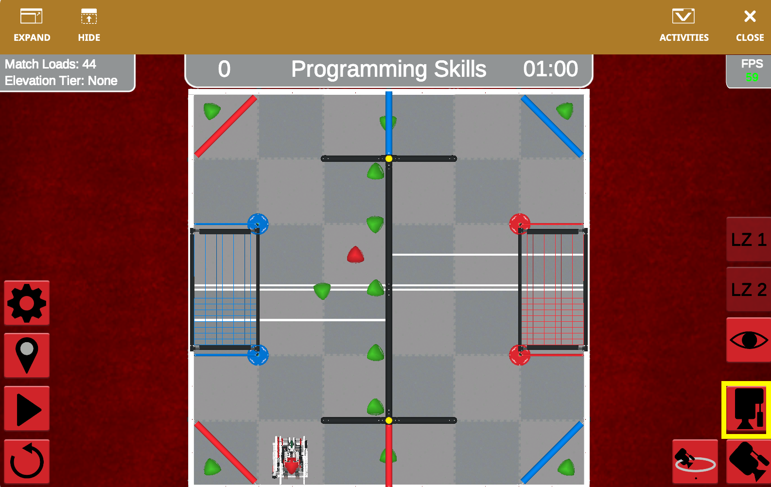 V5RC Over Under Playground field layout with scoring zones, barriers, and match elements for VEXcode VR activities