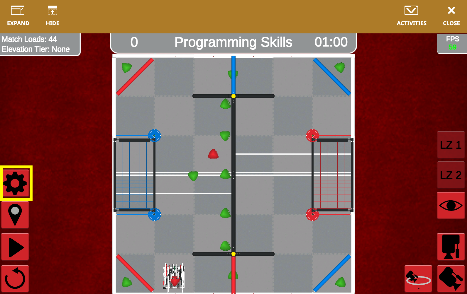 V5RC Over Under Playground field layout with goals, barriers, and scoring zones for VEXcode VR activities