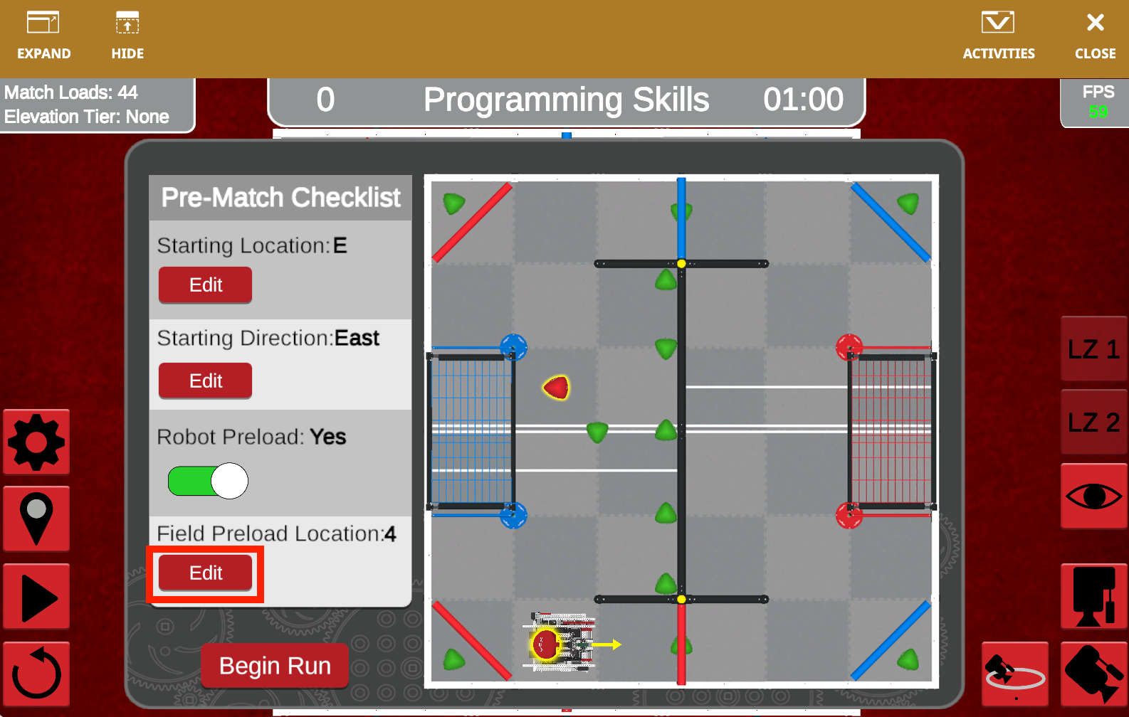 V5RC Over Under field layout used for Virtual Skills pre-match setup