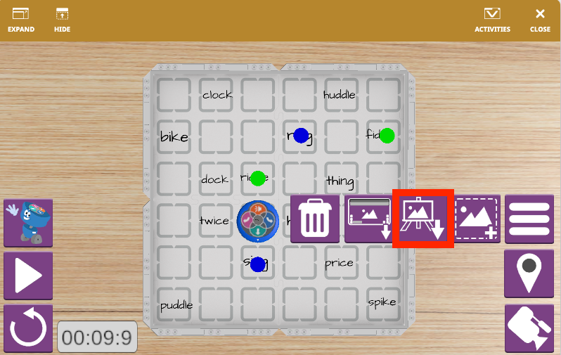 VEXcode VR 123 Playspace with the coding workspace and Activity menu open