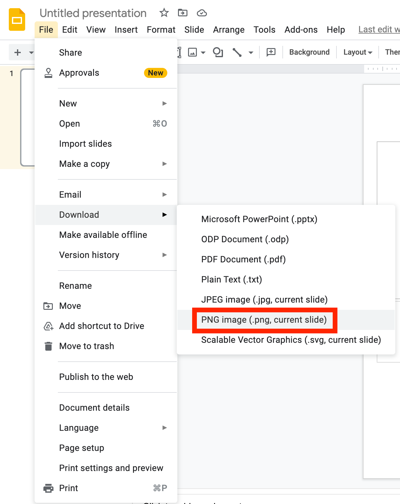 Slideshow menu with Download as PNG selected