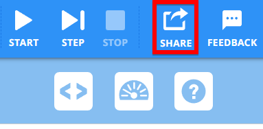 Share button in VEXcode VR for sending a project link or copying the project to another team member