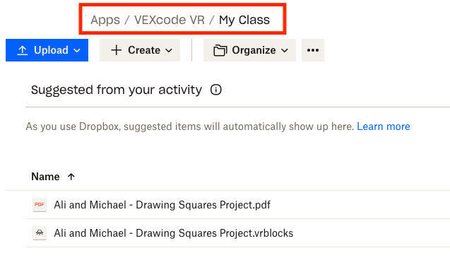 Share button in VEXcode VR File menu