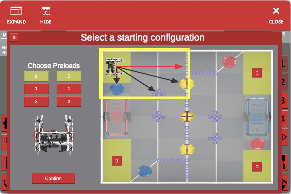 Starting configuration options for the V5RC Tipping Point Playground robot