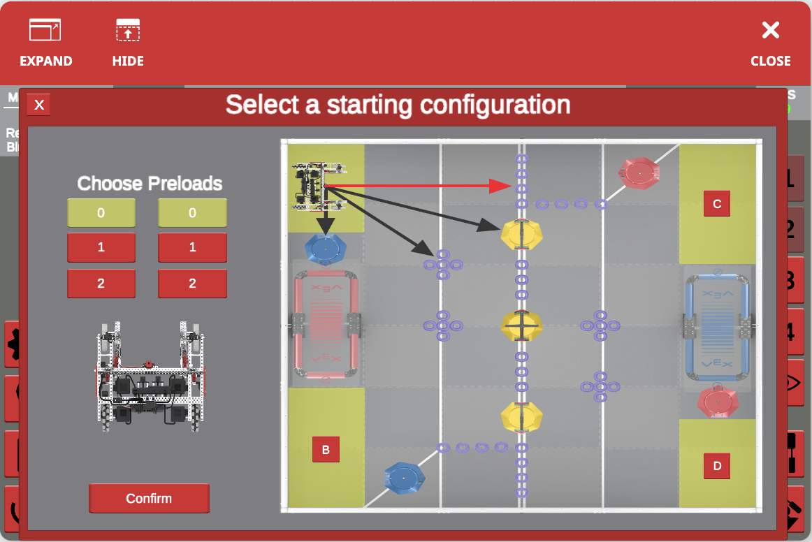 Robot positioned in a legal starting configuration on the V5RC Tipping Point field